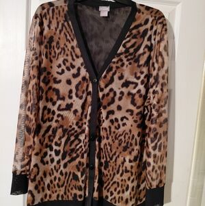 Chico’s Animal Print button down Cardigan w/sheer sleeves Size 3, $10 pre-owned
